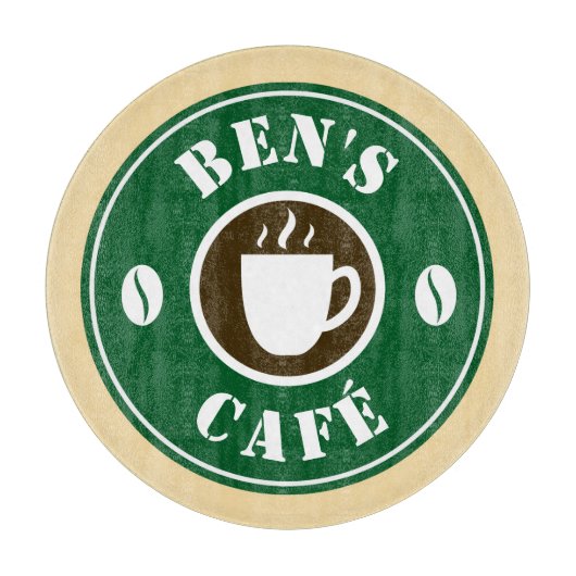 Custom coffee shop business name logo round glass カッティングボード (正面)