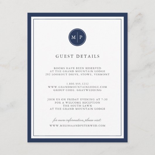 Custom Color Monogram Wedding Details Card エンクロージャーカード (正面)