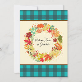 Custom Colorful Autumn Leaves Teal Check Leaves シーズンカード