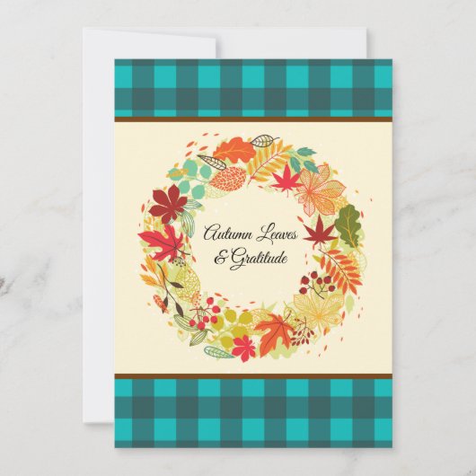 Custom Colorful Autumn Leaves Teal Check Leaves シーズンカード (正面)