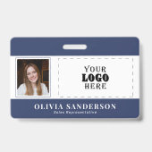 Custom company logo employee photo blue ID バッジ (正面)