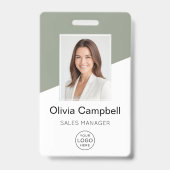 Custom Company Logo Employee Photo Sage Green バッジ (正面)