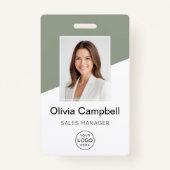 Custom Company Logo Employee Photo Sage Green バッジ (正面)