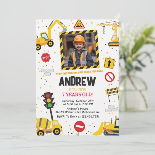 Custom Construction Birthday Party with Image 招待状 (スタンド正面)