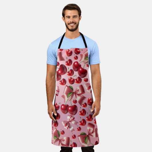 Custom Coquette Heart Cherry Bow Pattern エプロン (着用した状態)