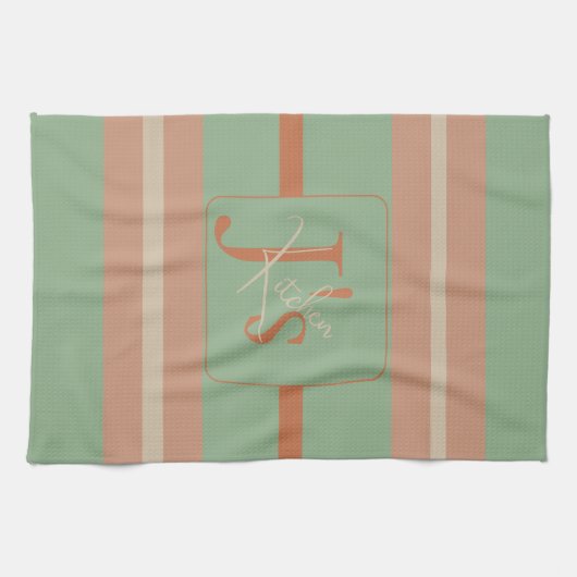 Custom Coral Sage Stripe Monogram Boho Pastel Chi キッチンタオル (横)