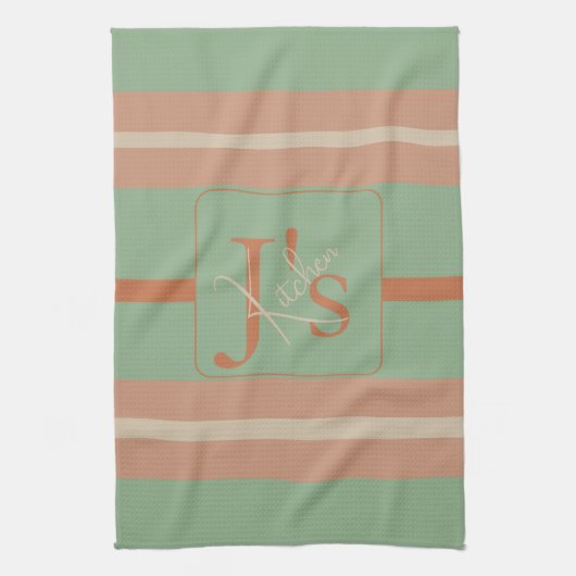 Custom Coral Sage Stripe Monogram Boho Pastel Chi キッチンタオル (縦)