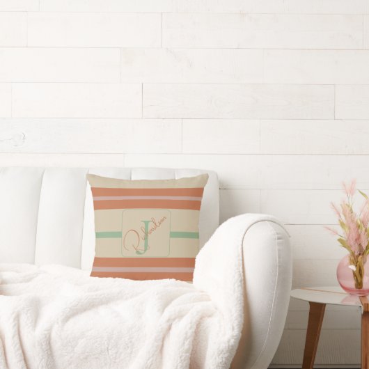 Custom Coral Sage Stripe Monogram Boho Pastel Chi クッション (ソファ)