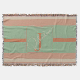 Custom Coral Sage Stripe Monogram Boho Pastel Chi スローブランケット