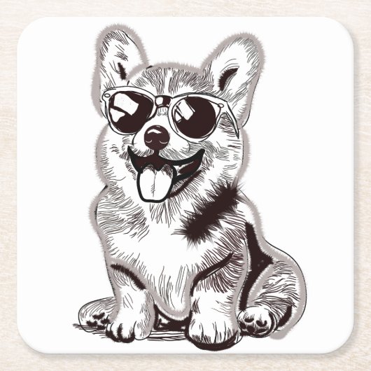 Custom Corgi Puppy with Sunglasses | Sketch Art スクエアペーパーコースター (正面)