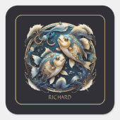 Custom Cosmic Fish Zodiac Sign Black Gold Pisces スクエアシール (正面)