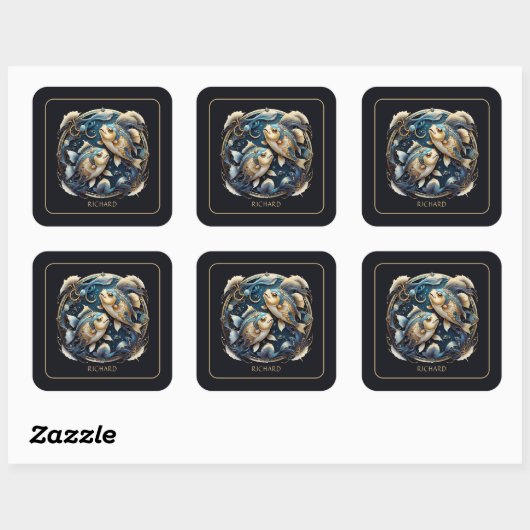 Custom Cosmic Fish Zodiac Sign Black Gold Pisces スクエアシール (シート)