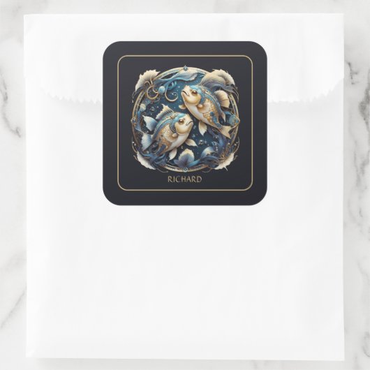 Custom Cosmic Fish Zodiac Sign Black Gold Pisces スクエアシール (バッグ)