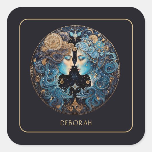 Custom Cosmic Twin Zodiac Symbol Black Gold Gemini スクエアシール (正面)