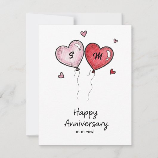 Custom Couple Anniversary Card Watercolor Hearts シーズンカード (正面)