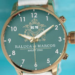 Custom couple floral names monogram  green 腕時計<br><div class="desc">Personalized with his & her initials and date, this custom watch is a sweet anniversary gift to celebrate a milestone occasion for a couple. It makes a meaningful gift for a special day. Personalized Watch Wedding Gift for Groom, Watch For Groom, Anniversary Gift for Men, Groom Gift From Bride, Gift...</div>