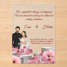 Custom Couple Floral WI.–Pink Flowers &Script Font アクリル招待状