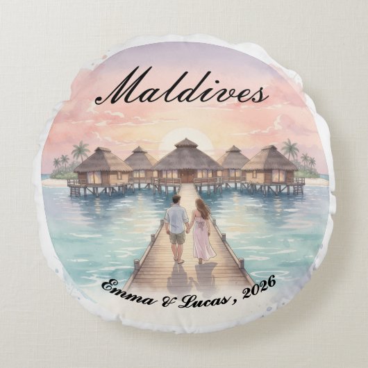 Custom Couple Maldives Honeymoon Keepsake ラウンドクッション (正面)
