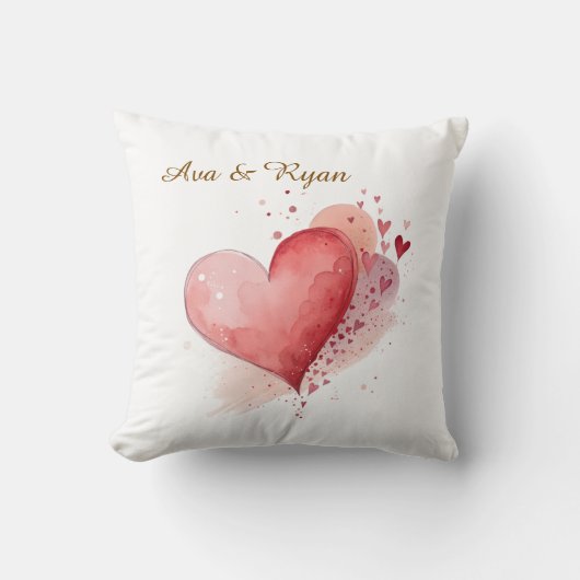 Custom Couple Name Watercolour Hearts Pillow Cover クッション (正面)