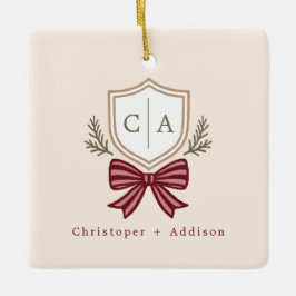 Custom Couple's Monogram Crest Bow Christmas セラミックオーナメント