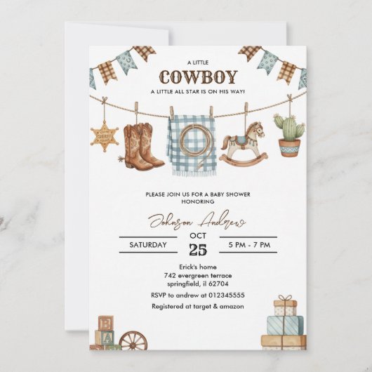 Custom Cowboy Baby Shower Invitation 招待状 (正面)
