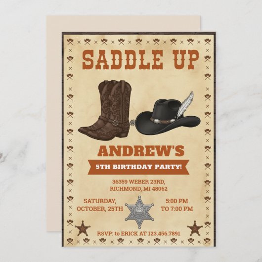 Custom Cowboy Western Theme Birthday Party 招待状 (正面/裏面)