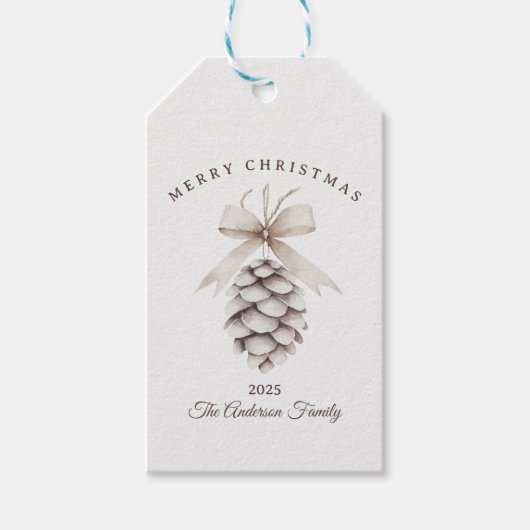 Custom cream white pinecone Christmas nature ギフトタグ (正面)