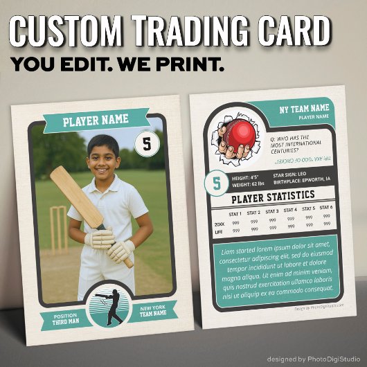 Custom Cricket Trading Card, Vintage Teal Player コーリングカード