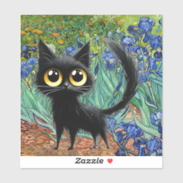 Custom-Cut Vinyl Sticker, Black Cat Purple Irises シール