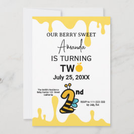 Custom Cute Bee Honey Drips 2nd Birthday Invite 招待状