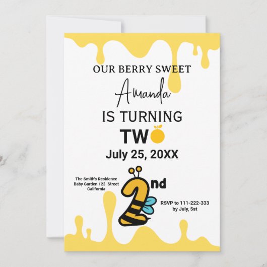 Custom Cute Bee Honey Drips 2nd Birthday Invite 招待状 (正面)
