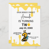 Custom Cute Bee Honey Drips 2nd Birthday Invite 招待状 (正面/裏面)