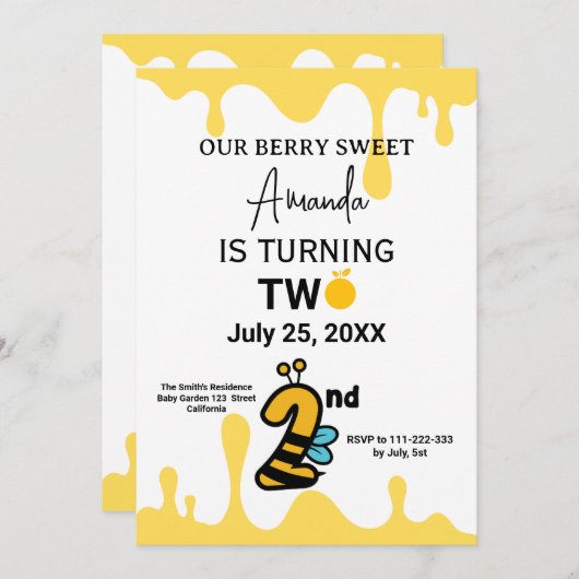 Custom Cute Bee Honey Drips 2nd Birthday Invite 招待状 (正面/裏面)