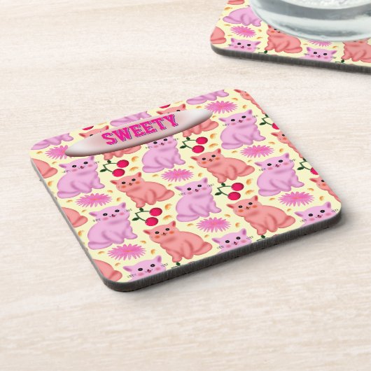 Custom Cute Cat Cherry Floral Pattern コースター (左側)