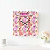 Custom Cute Cat Cherry Floral Pattern スクエア壁時計 (ホーム)