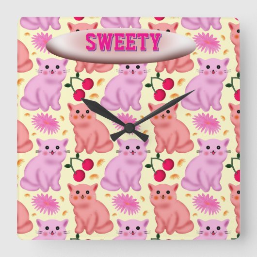 Custom Cute Cat Cherry Floral Pattern スクエア壁時計 (正面)
