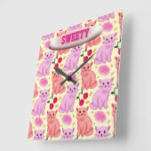 Custom Cute Cat Cherry Floral Pattern スクエア壁時計 (傾斜)