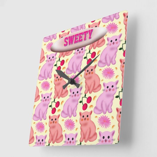 Custom Cute Cat Cherry Floral Pattern スクエア壁時計 (傾斜)