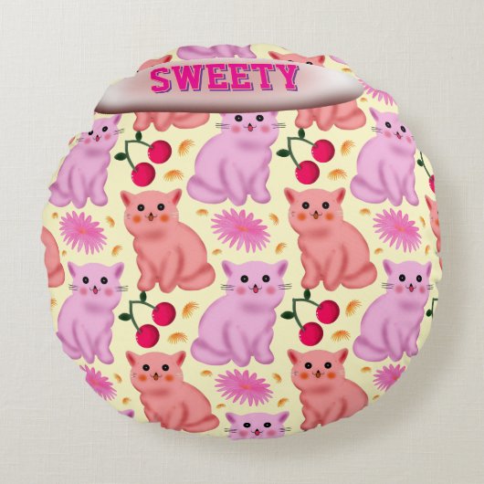 Custom Cute Cat Cherry Floral Pattern ラウンドクッション (正面)