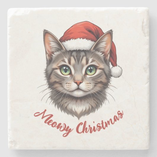 Custom Cute Christmas Cat with Santa Hat ストーンコースター (正面)
