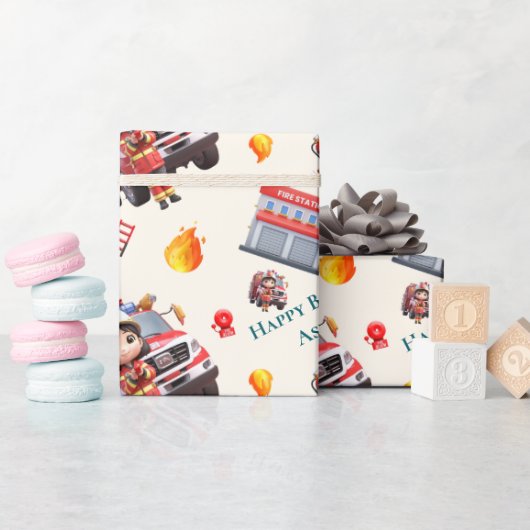 Custom Cute Fun 3D Firefighter Girls Birthday |  ラッピングペーパー (ベビーシャワー)