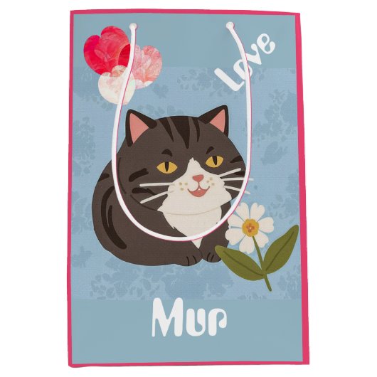 Custom Cute Gray Cat with Mur and Love ミディアムペーパーバッグ (正面)