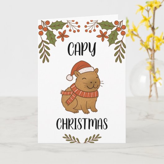 Custom Cute Hand Drawn Capybara Pun Christmas カード (黄色い花)