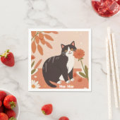 Custom Cute Happy Cat with Spring Flowers  スタンダードカクテルナプキン (インサイチュ)