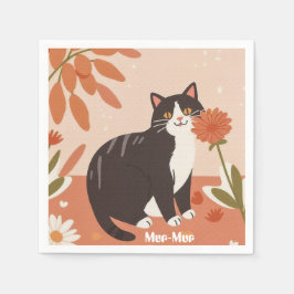 Custom Cute Happy Cat with Spring Flowers  スタンダードカクテルナプキン
