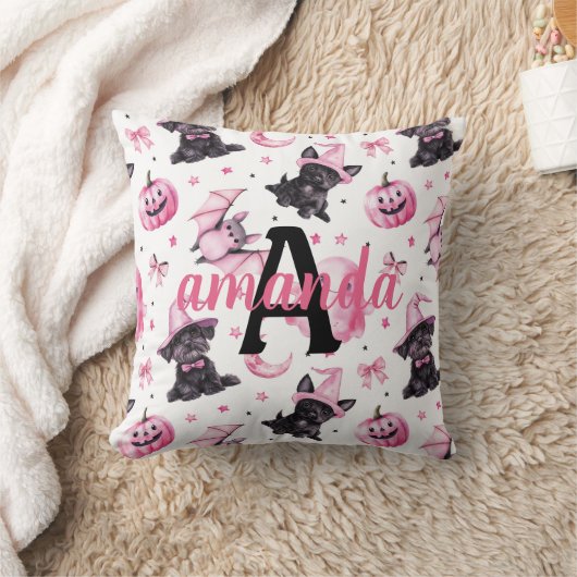 Custom Cute Pink Halloween Pattern With Black Dogs クッション (ブランケット)