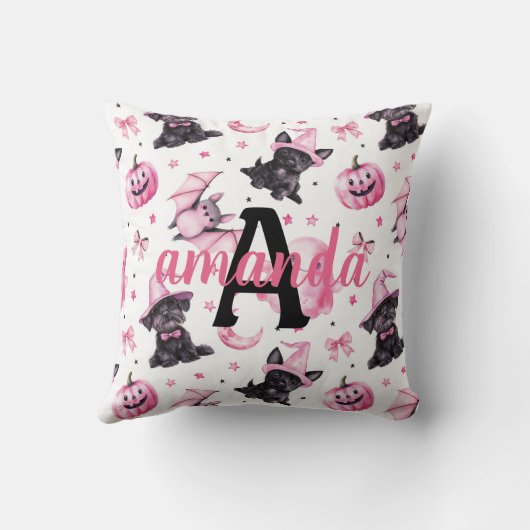 Custom Cute Pink Halloween Pattern With Black Dogs クッション (裏面)