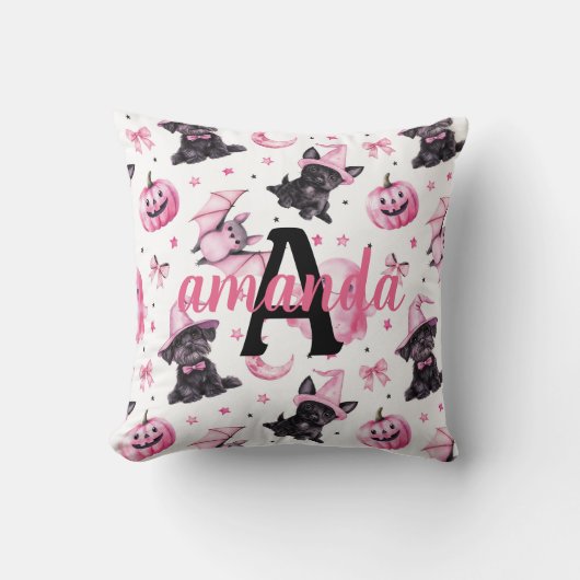 Custom Cute Pink Halloween Pattern With Black Dogs クッション (正面)