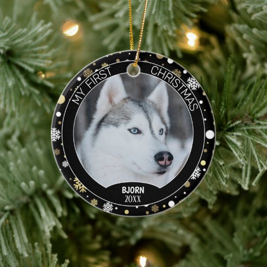 Custom Cute Puppy Photo On White Gold Snowflakes セラミックオーナメント (ツリー)
