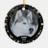 Custom Cute Puppy Photo On White Gold Snowflakes セラミックオーナメント (正面)